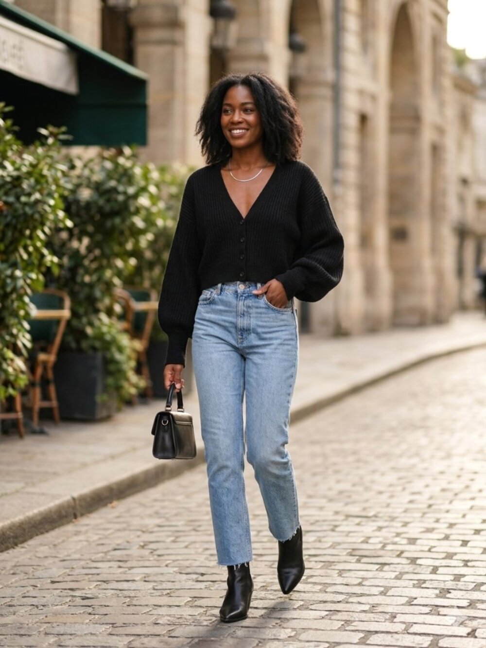TOPSHOP Black Ribbed Cropped Cardigan Balloon Sleeve V-Neck Knit Sweater M